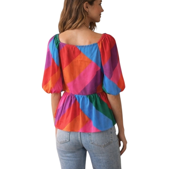 Skies Are Blue Anahi Rainbow Stripe Surplice Blouse Size S Colorful Peplum Top - Picture 3 of 9